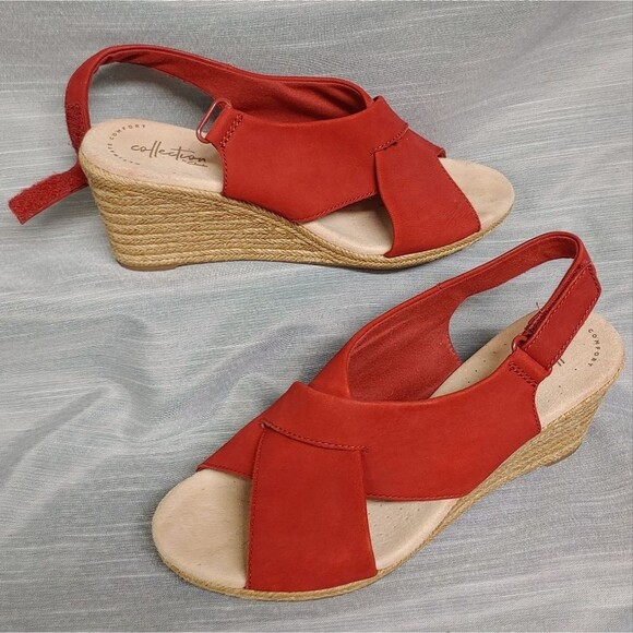 Clarks Red Lafley Alaine Open Toe Sling Back Espadrilles Wedges Heels Womens 10 - Picture 12 of 13